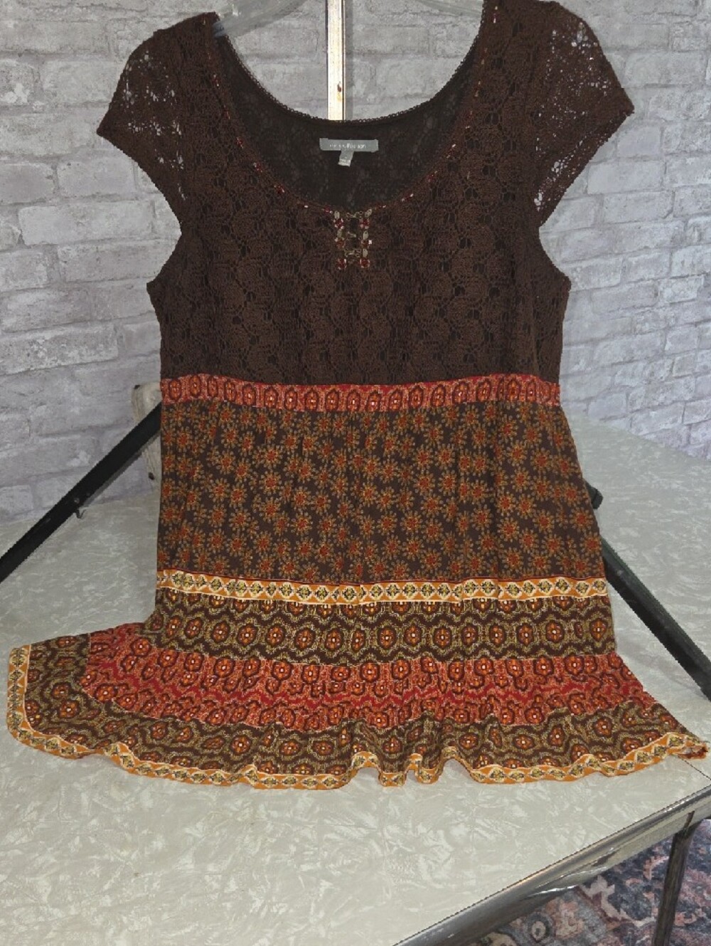 NY Collection Boho Brown Crochet Top/Dress with Orange and Yellow Print